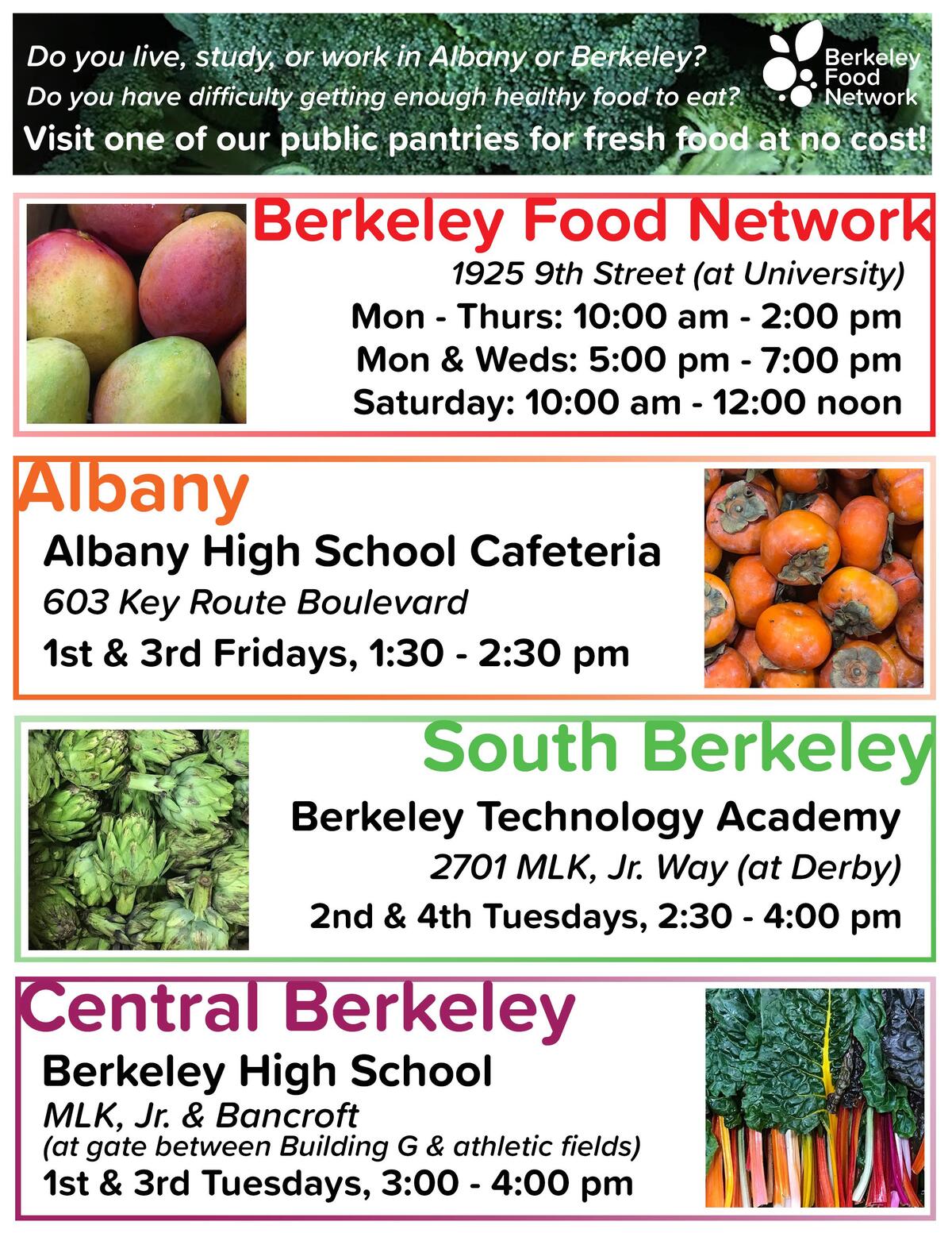 Do you live, study, or work in Albany or Berkeley? Visit our public pantries for free fresh food!